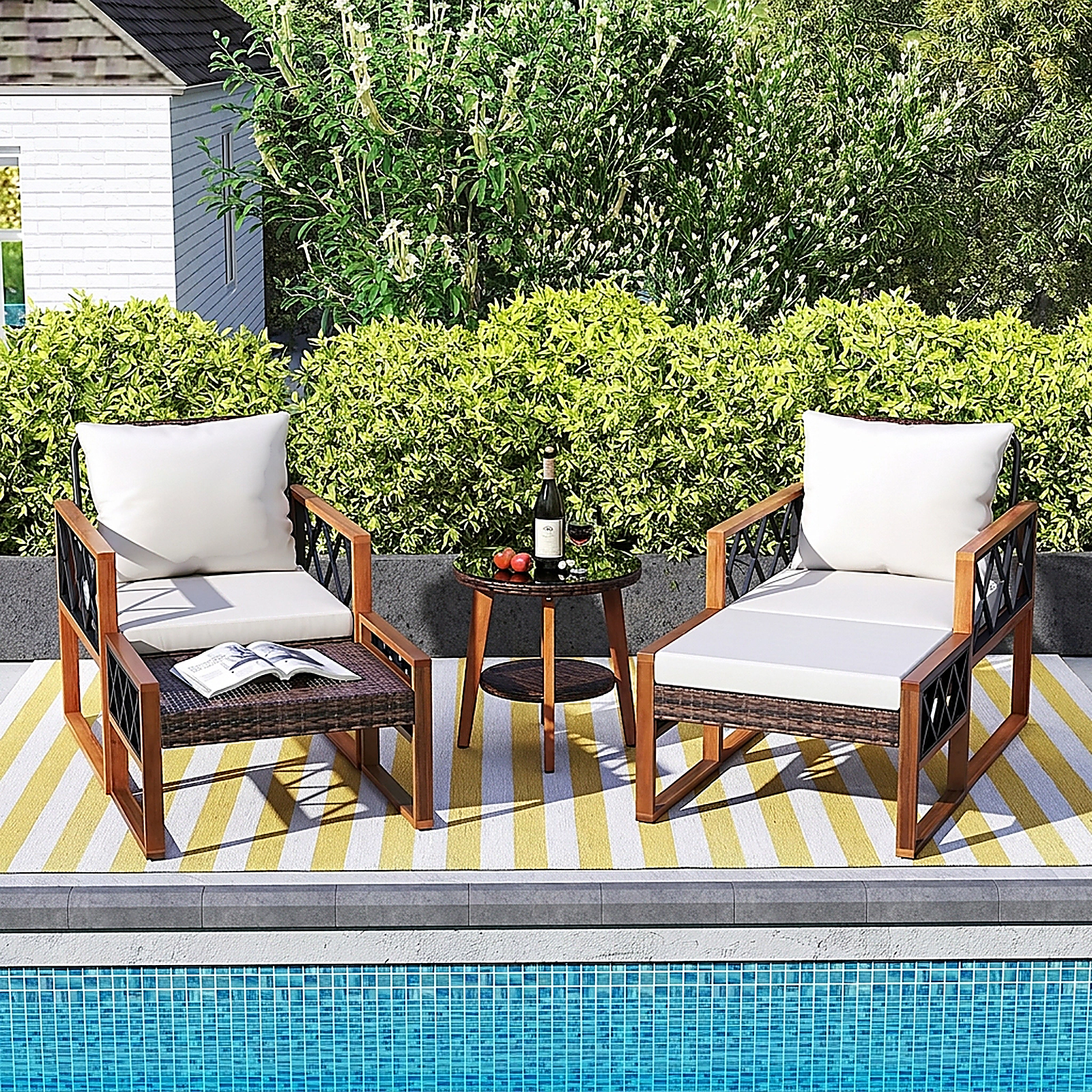 SUGIFT 5-Piece Brown Wicker Patio Set with 2 Lounge Chairs, 2 Ottomans and Acacia Wood Glass-Top Table