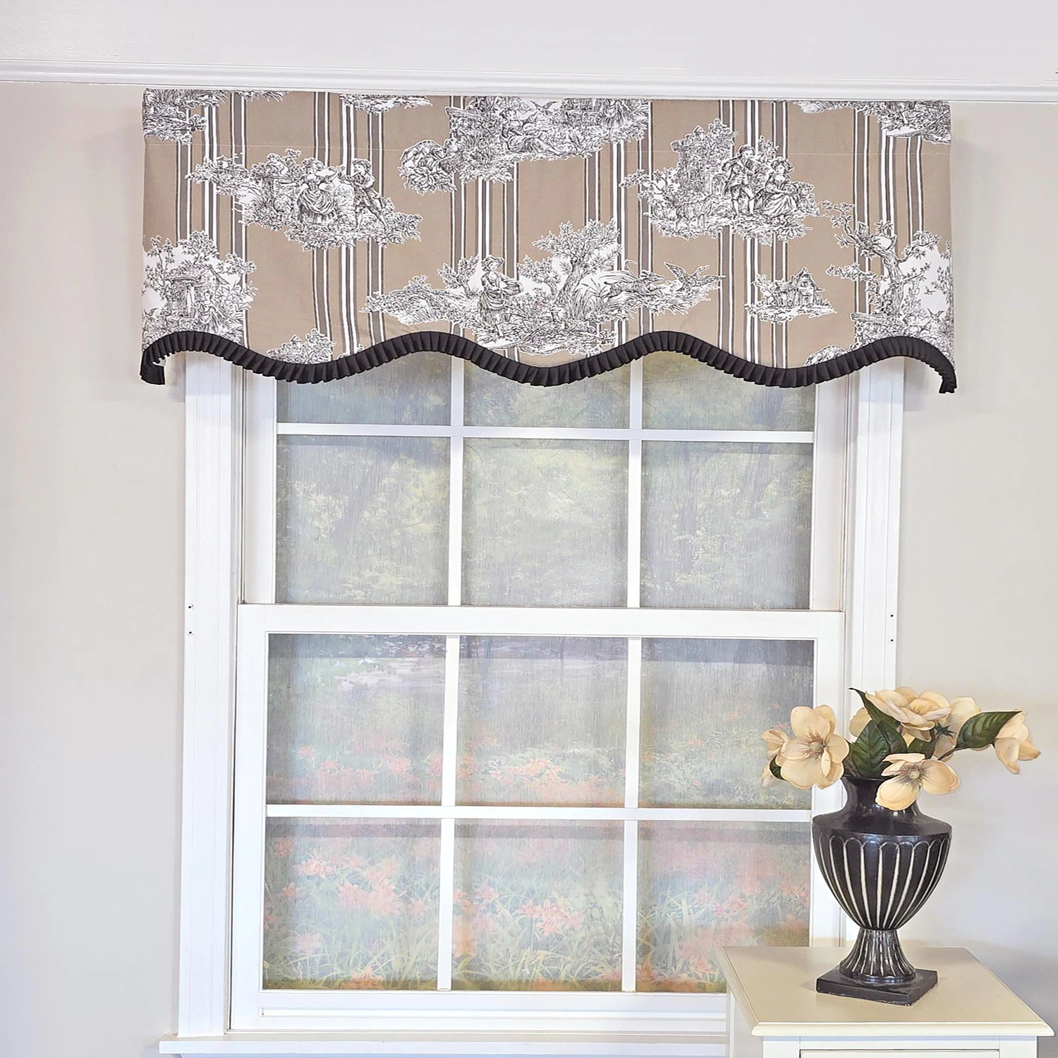 RLF Home Caceres Stripe Trimmed Cornice Window Valance 100% Cotton Lined Rod Pocket 50" x 17" Beige