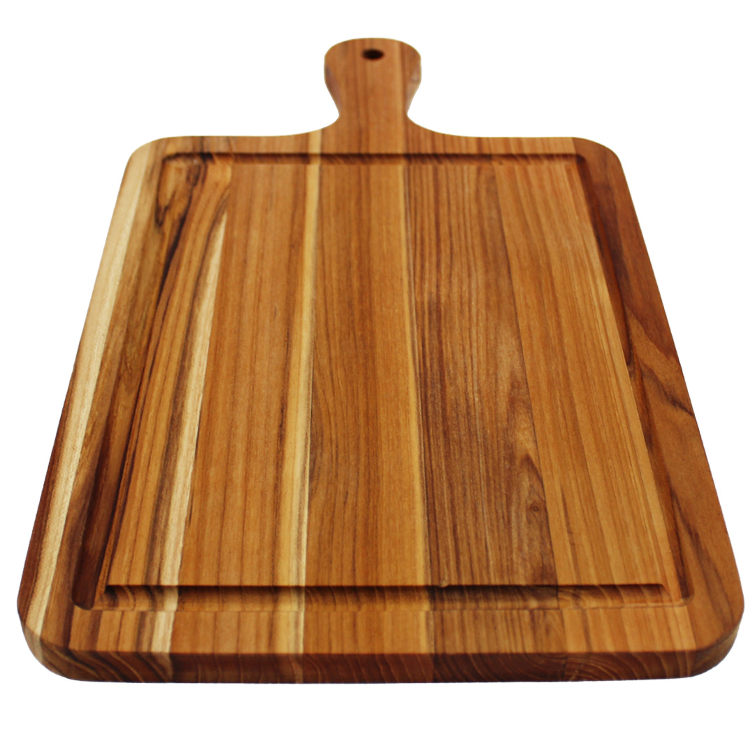 EcoDecors 17" x 10" Teak Edge Grain Cutting Board with Handle and Juice Groove