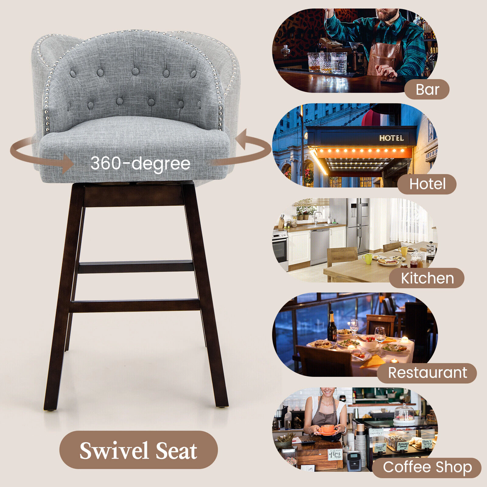 Glintex 2-Piece 31-Inch Swivel Bar Stool Set with Tufted Linen Back, Gray & Walnut