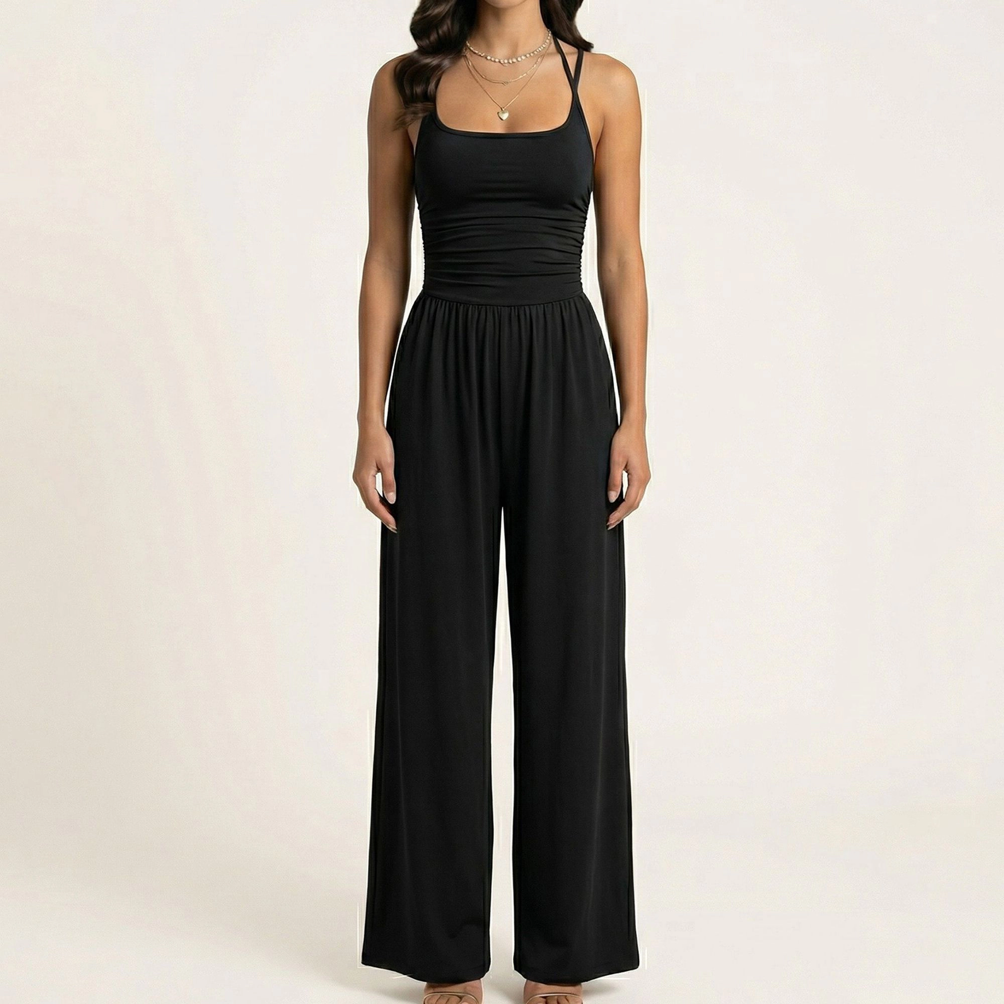 Anna-Kaci Womens Sleeveless Scoop Neck Wide Leg Jumpsuit with Ruched Bodice