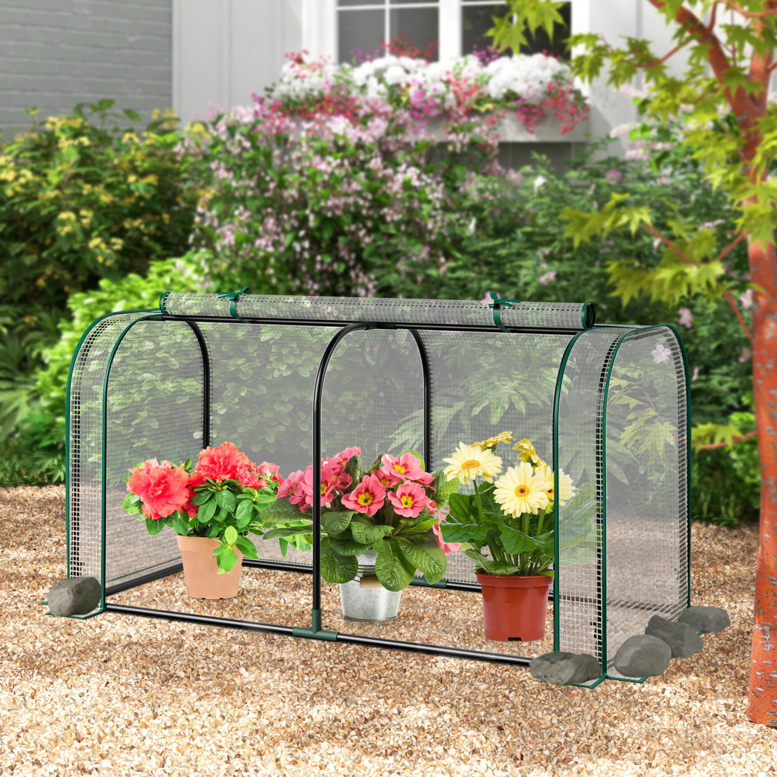 SUGIFT Mini Tunnel Greenhouse White 47 x 22 x 24 in with Roll-up Zipper Door and 6 Ground Stakes