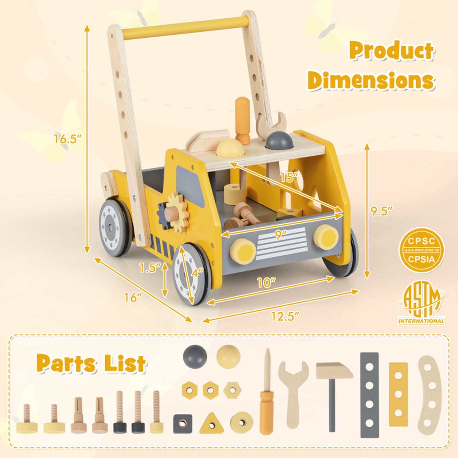 SUGIFT 2-in-1 Wooden Baby Walker and Kids Tool Bench with Adjustable Speed 16.5-in Tall 3+ Years Yellow Gray Blue