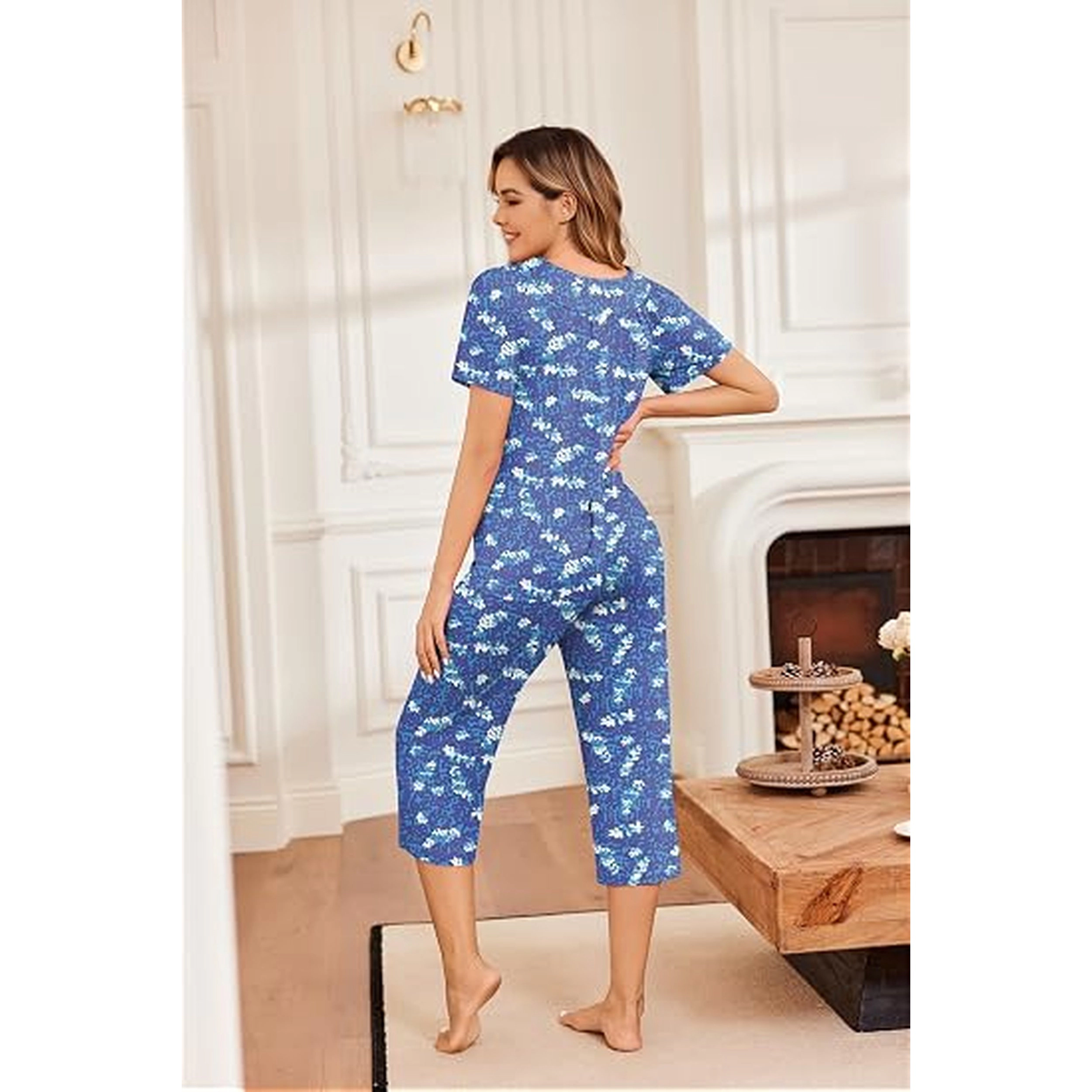 Ekouaer Capri Pajamas Short Sleeve Mumu Pajamas Sets Pieces Pleated Top and Capri Pants Sleepwear