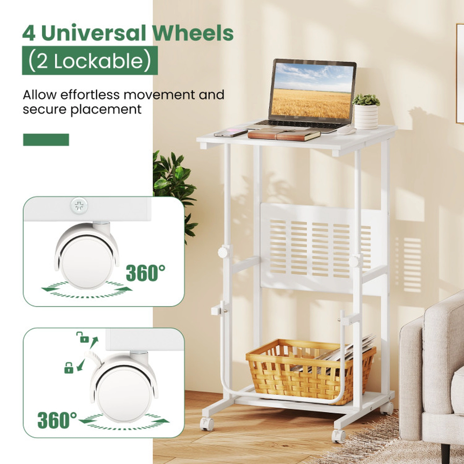 SUGIFT Height Adjustable 4 Wheels Bottom Shelf Mobile Stand Up Computer Desk 22-in x 21-in x 27-in to 38.5-in White