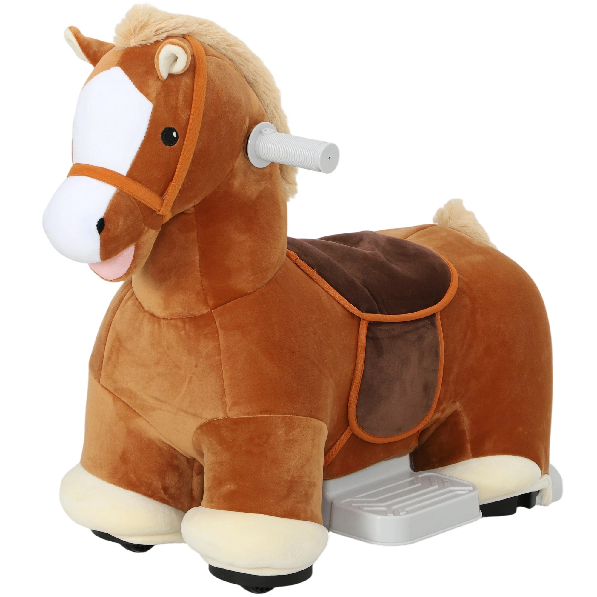 HONGGE 6V Kids Ride-On Pony Toy with Foot Pedal, Music, Washable Cover, Brown, Ages 18 Months-5 Years