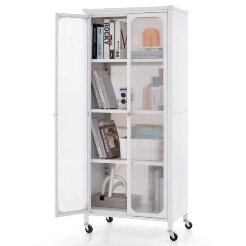 Hivvago Glass Doors Storage Cabinet With Wheels And Adjustable Shelves-White