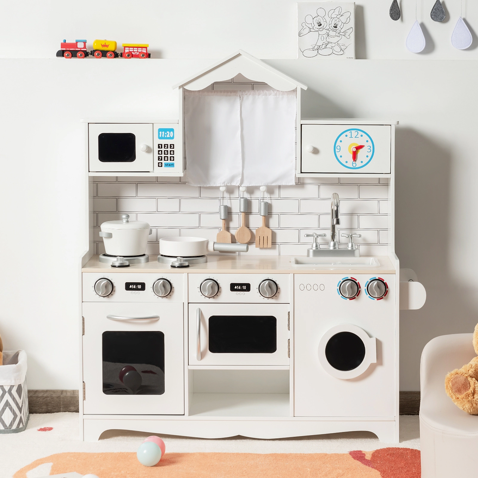 SUGIFT Wooden Kids Kitchen Playset Washing Machine Microwave Oven Sink & Gas Stoves 36.5-in Tall Ages 3 Years+ White