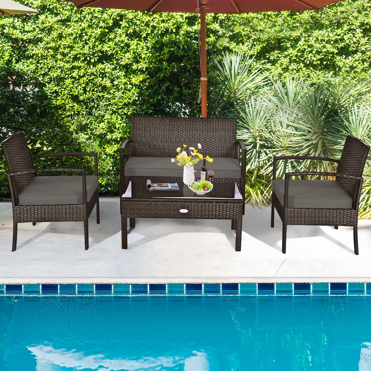 SUGIFT Patio Conversation Furniture Set with Loveseat Chairs and Coffee Table 790-lb Loveseat Capacity Brown/Black