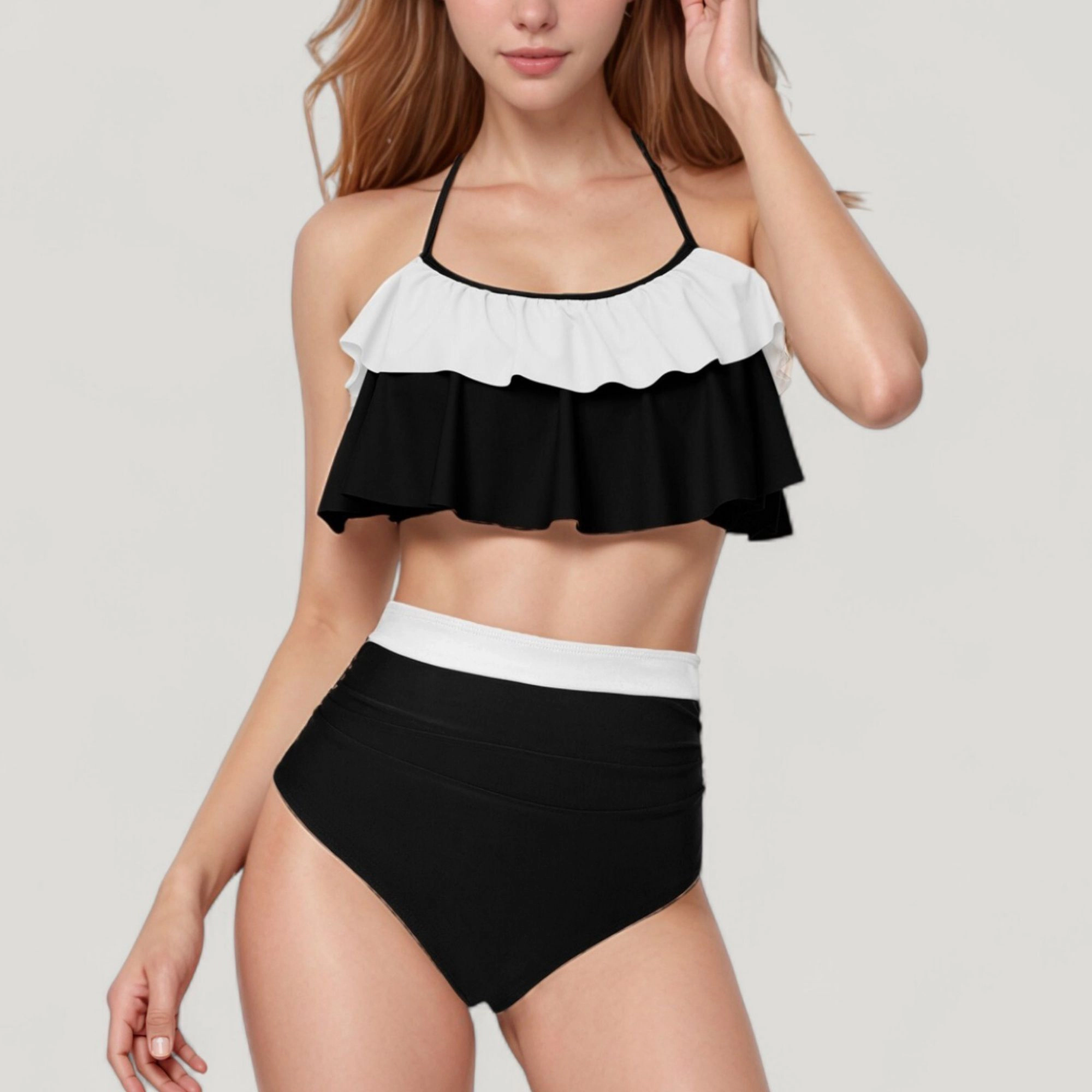 Anna-Kaci Women's Ruffle Flounce Bikini Top and High Waist Bottom 2-Piece Swimsuit with Contrast Trim