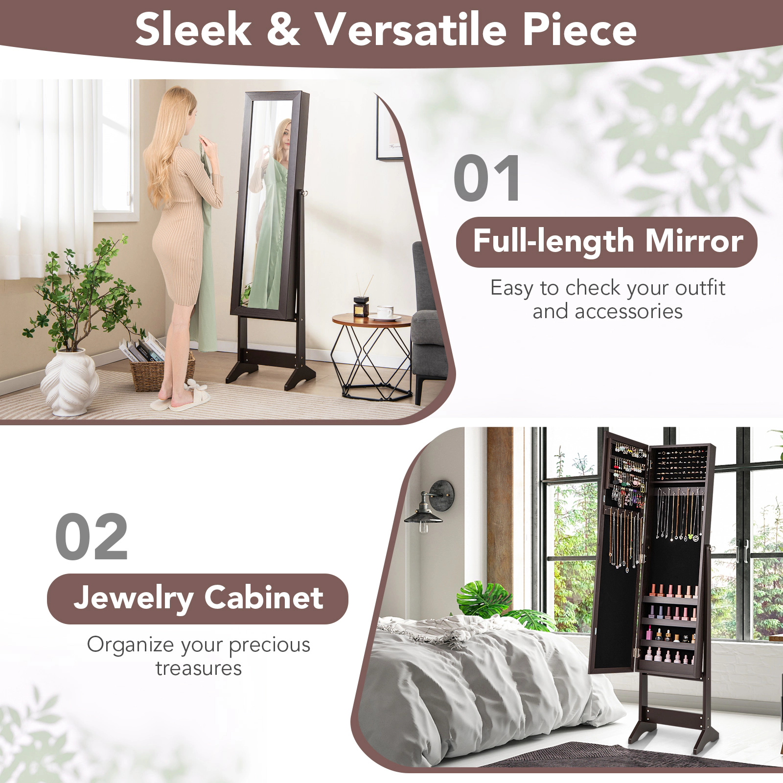SUGIFT Rustic Brown Mirrored Standing Jewelry Cabinet Storage Box with 41-in Dressing Mirror and MDF Body
