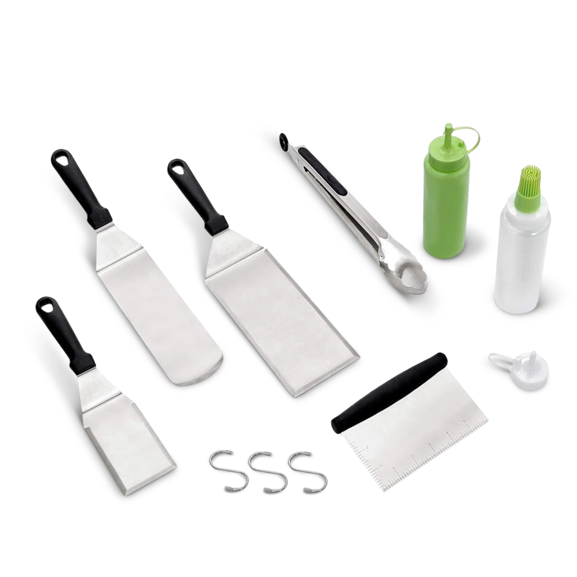 Cheer Collection 7 Piece Stainless Steel Griddle Tool Set with Locking Tongs