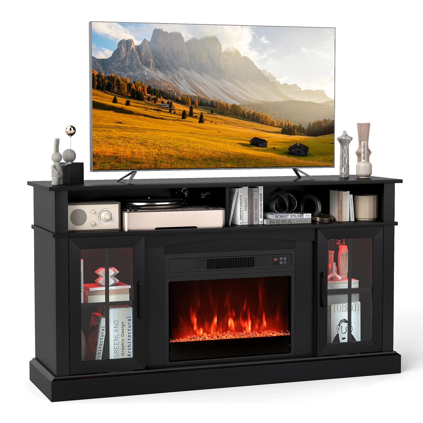 SUGIFT 58-In Black Electric Fireplace TV Stand for TVs Up to 65 Inches