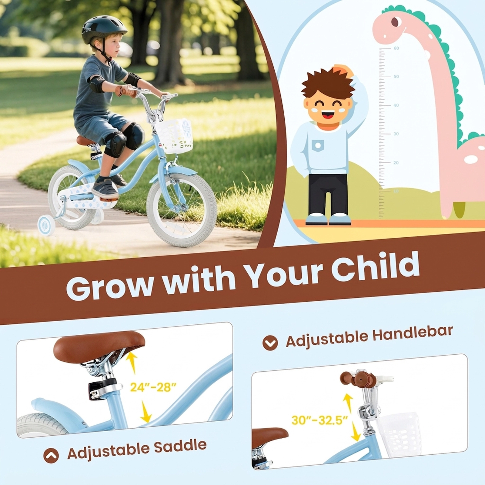18-in Kids Bike Kickstand Removable Basket Adjustable 24-in to 28-in Saddle Training Wheels Ages 4-8 Light Blue