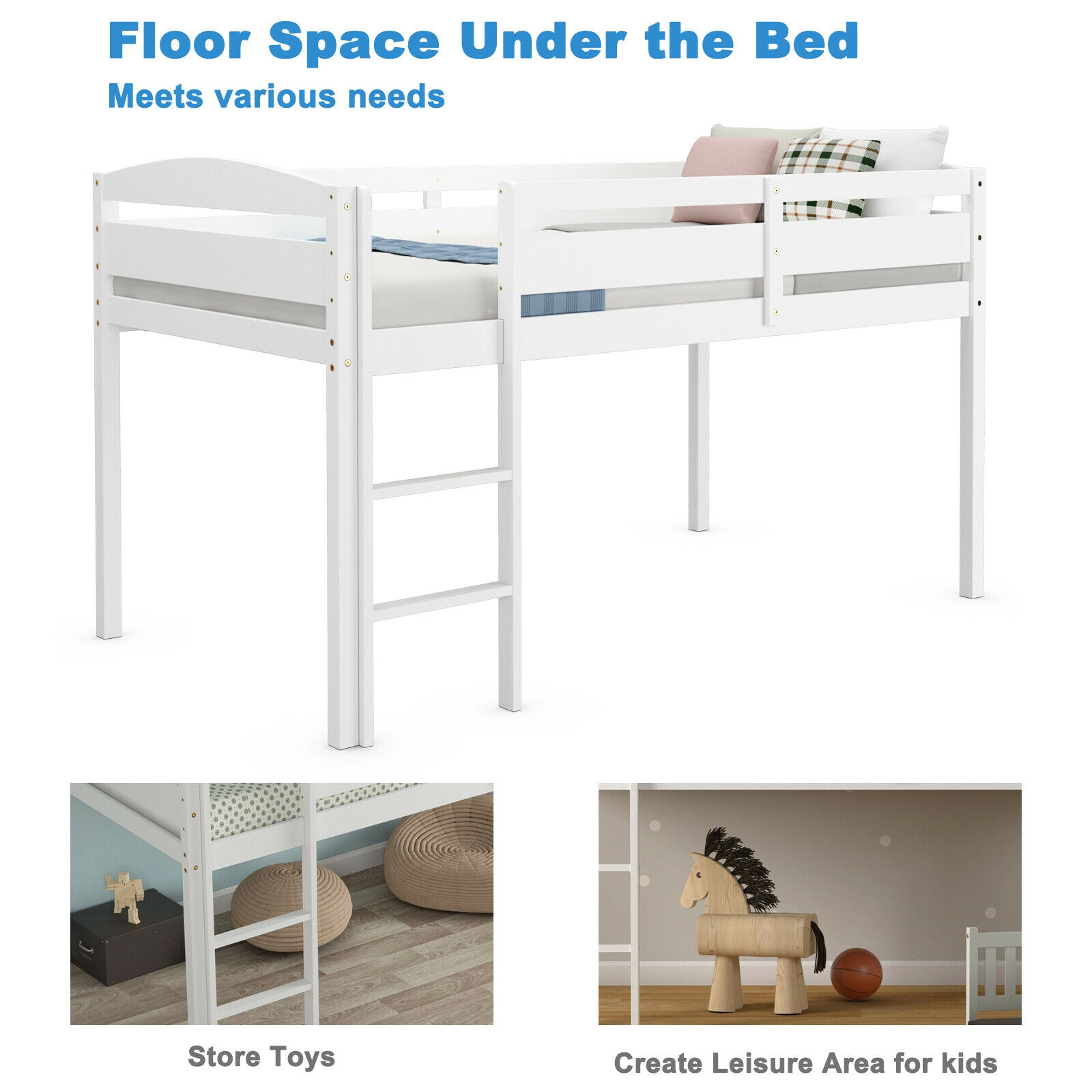 SUGIFT Wooden Twin Low Loft Bunk Bed with Guard Rail and Ladder 350-lb Capacity Twin Size White Dark Brown