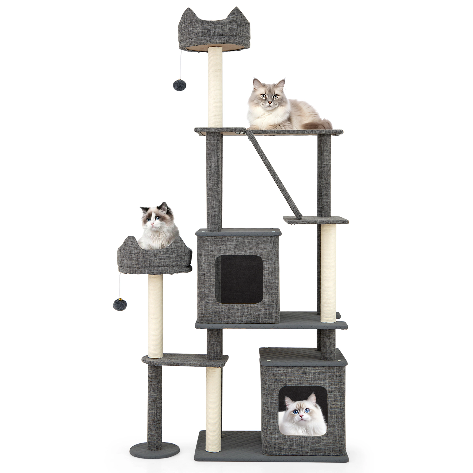 Glintex 71-Inch Cat Tower with 2 Condos Detachable Covers and Sisal Ladder Board, Gray