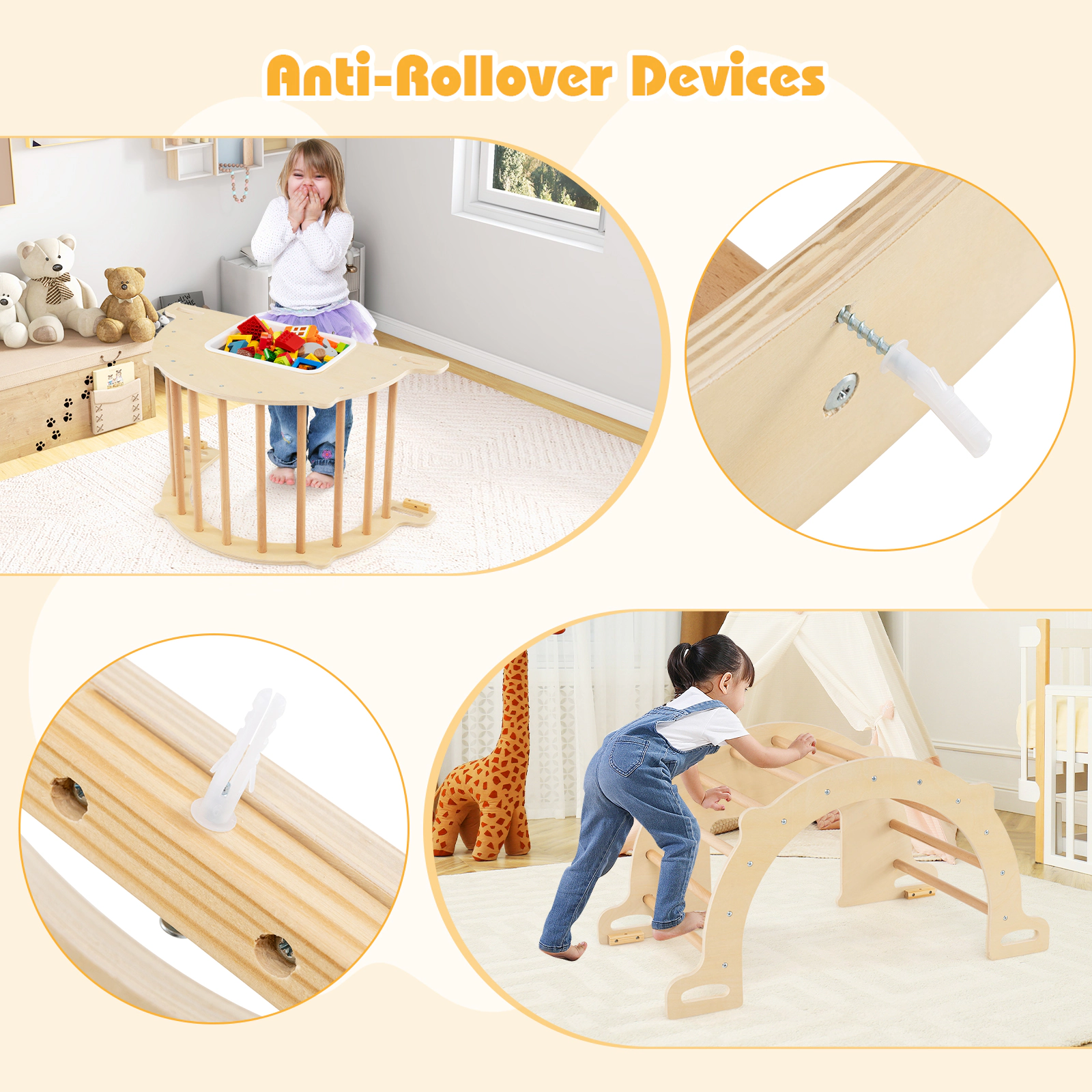8-in-1 Wooden Climbing Arch Rocker Collapsible Toy Storage Bin 35.5-in Beech Frame and 110-lb Capacity Ages 3+ Natural