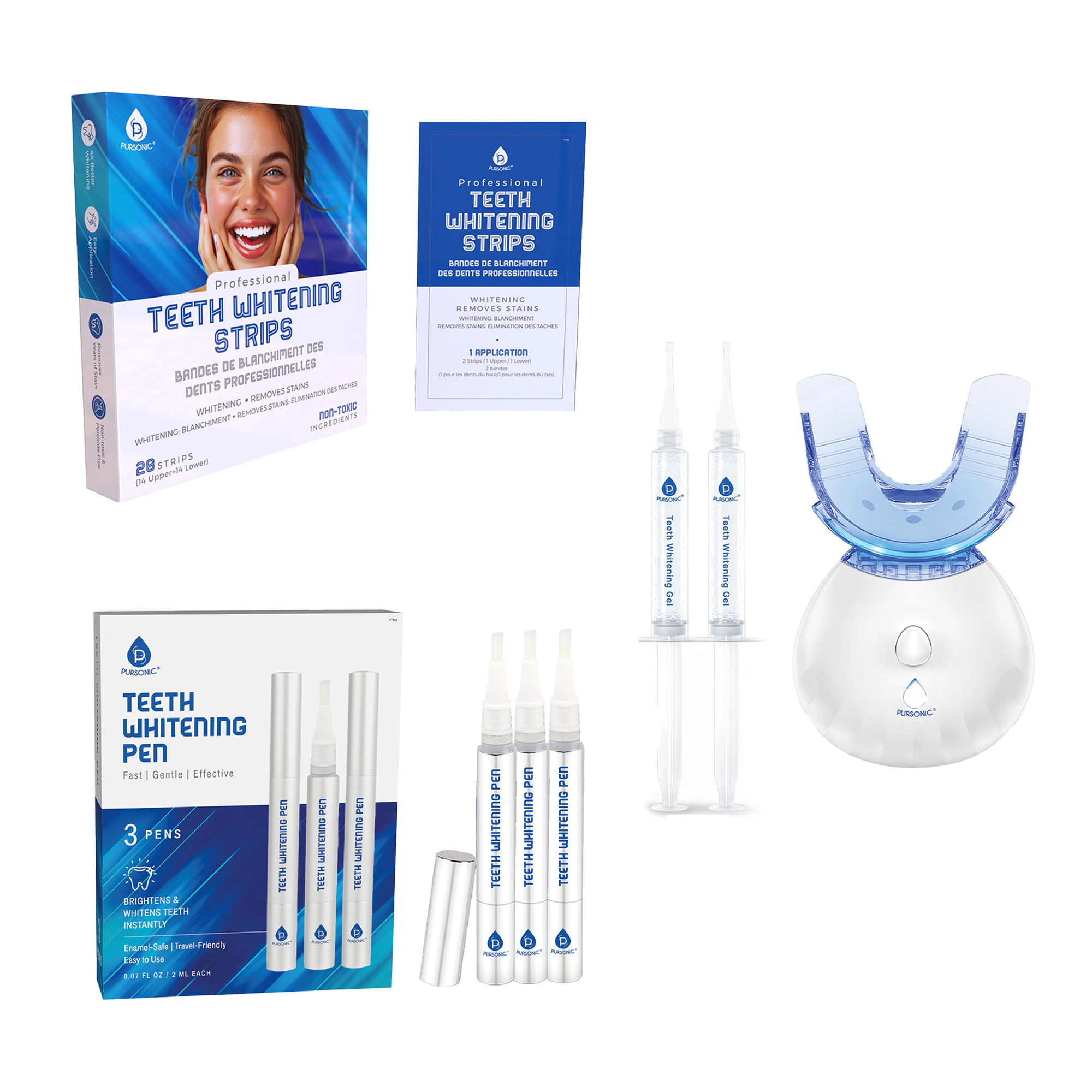 Pursonic Unisex Complete Teeth Whitening Kit – LED Whitening System, Whitening Pens & Professional Whitening Strips Smile Care Bundle