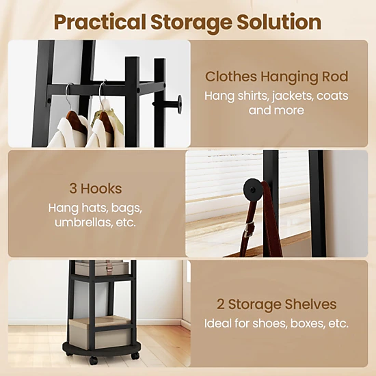 Hivvago Coat Rack With Full Length Mirror Freestanding Coat Tree With 3 Hooks