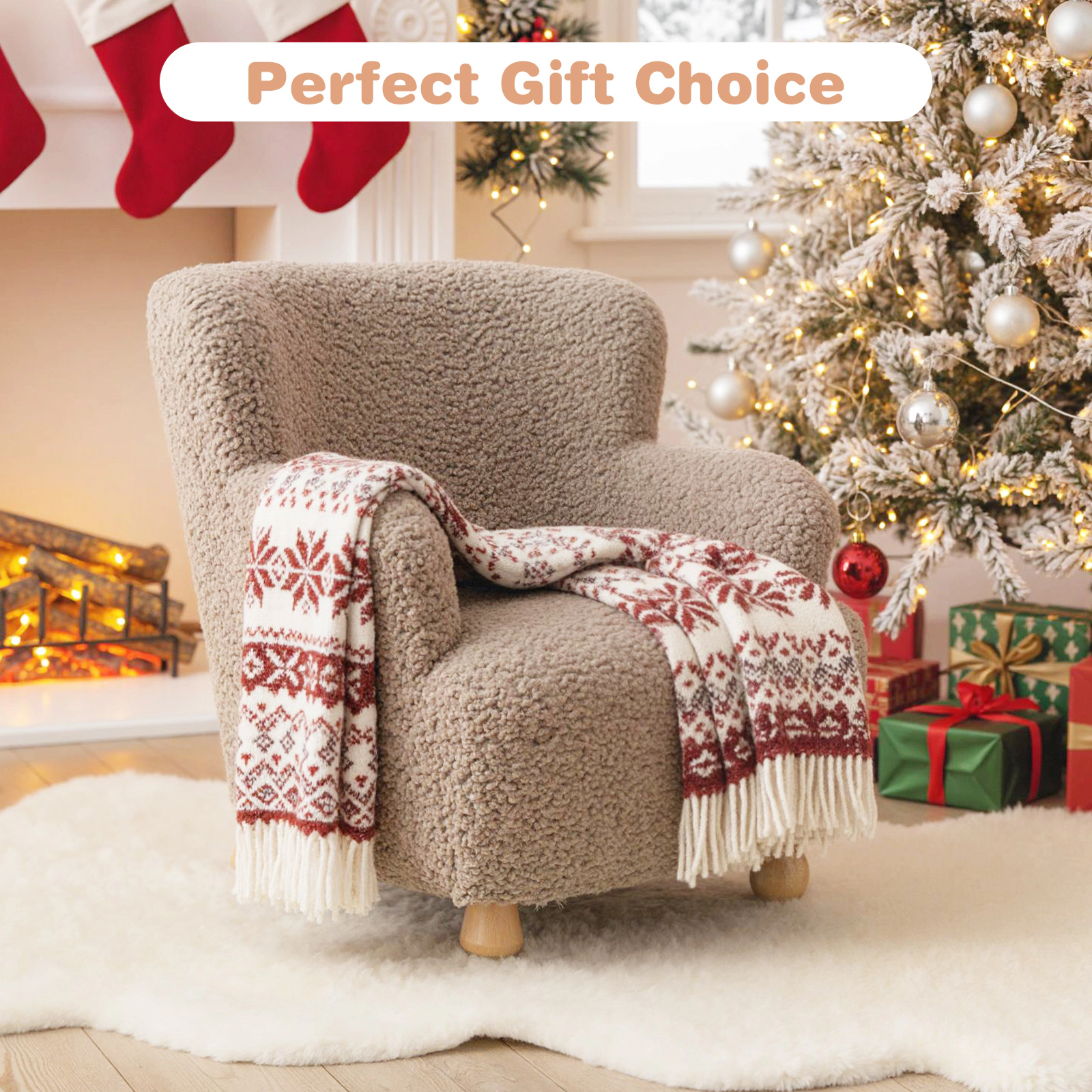 SUGIFT Rustic Brown Solid Rubber Wood Legs Sherpa Kids Sofa Toddler Armchair