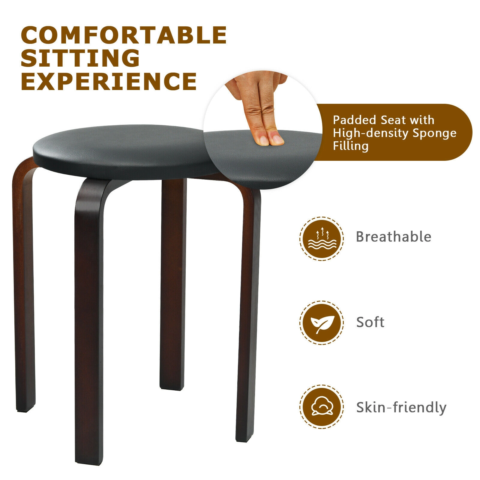 SUGIFT Stackable Bentwood Round Stool Dining Chairs 330-Lb Capacity with 12.5-in Padded Seat Black Beige