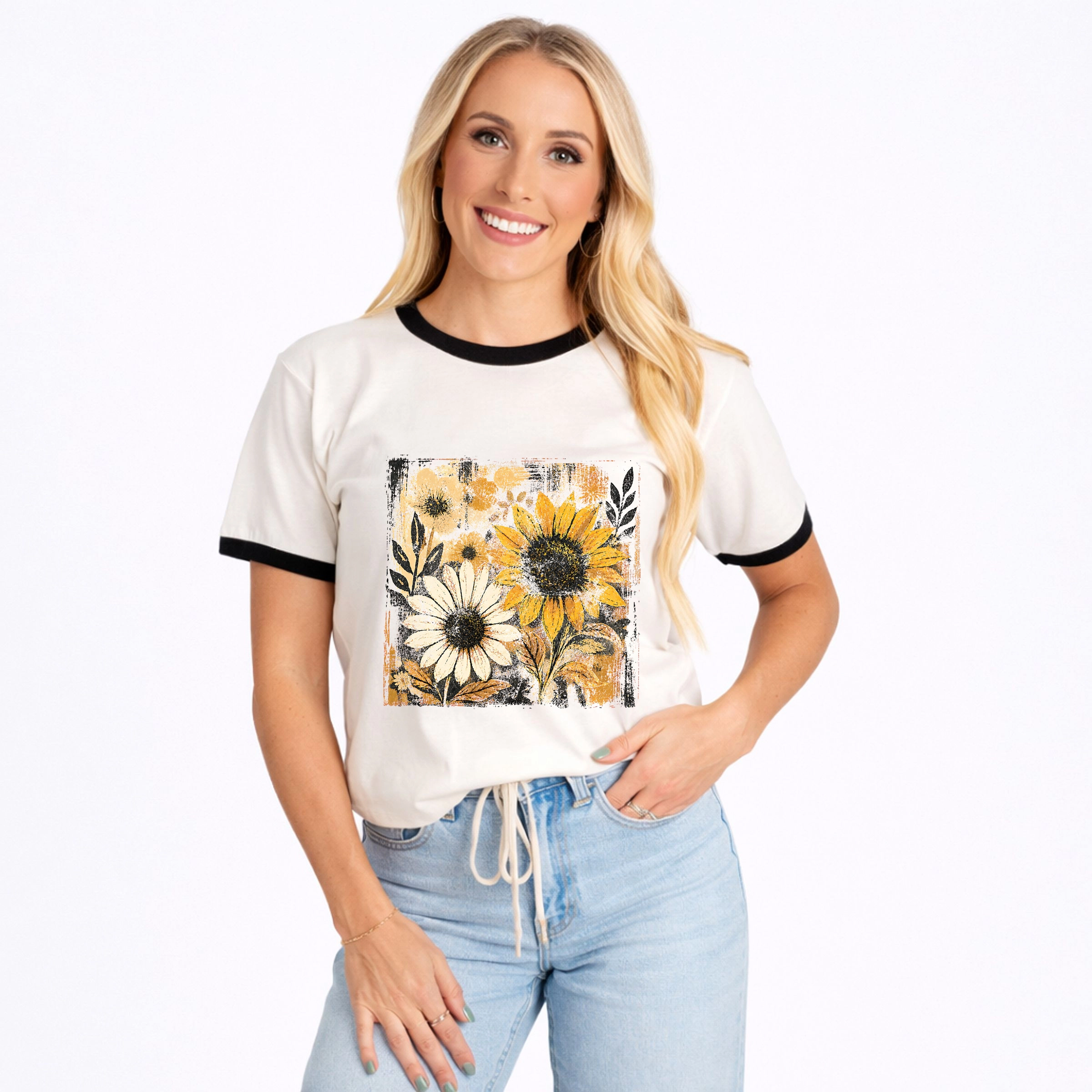 Simply Sage Market - Women's Ringer Graphic T-Shirt Fall Sunflowers Distressed