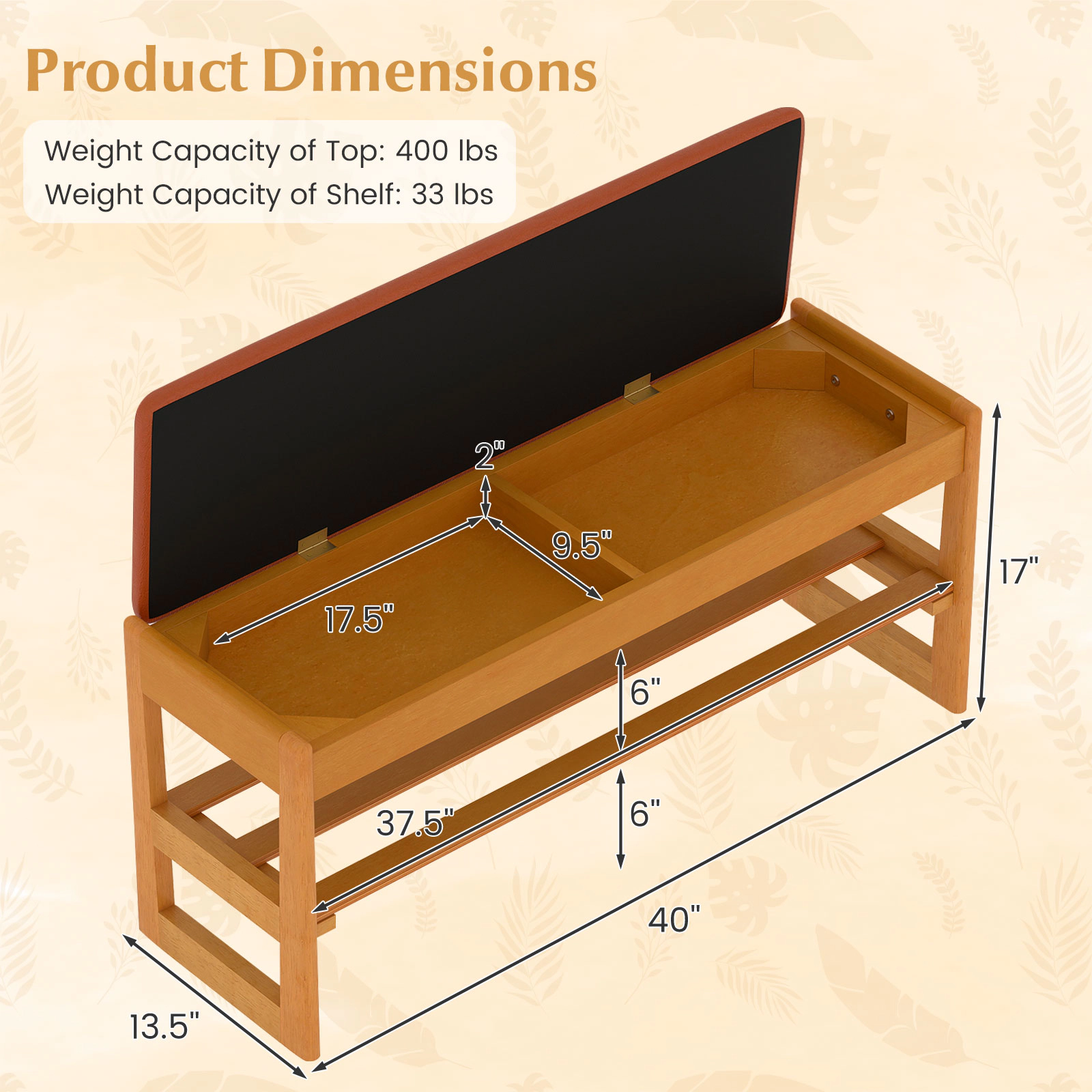 SUGIFT Brown Flip-Open Storage 2-Tier Rubberwood Entryway Bench 40 Inch Shoe Rack Bench