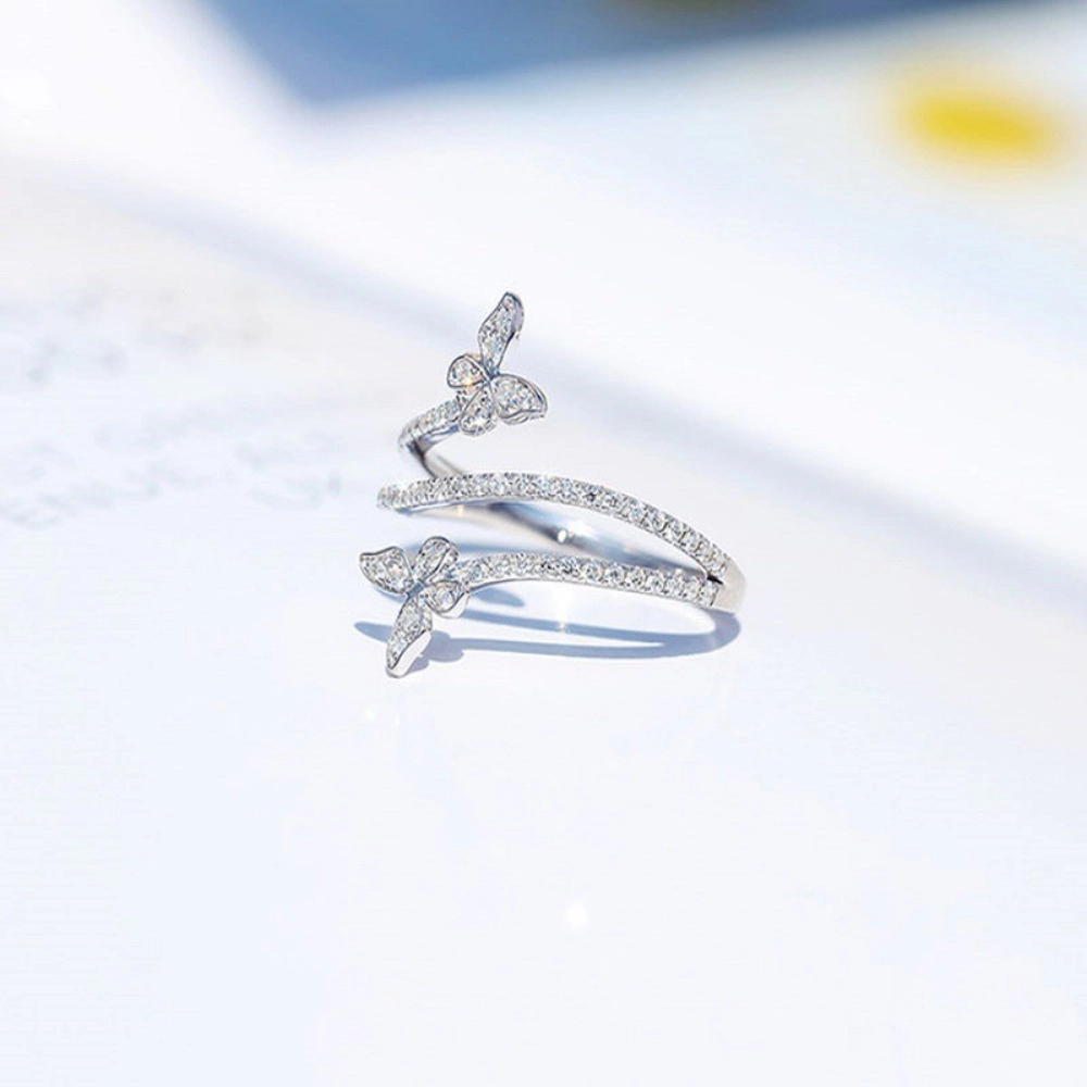Wardrobe Whimsy Double Butterfly Pave Cubic Zirconia Open Wrap Silver‑Tone Ring