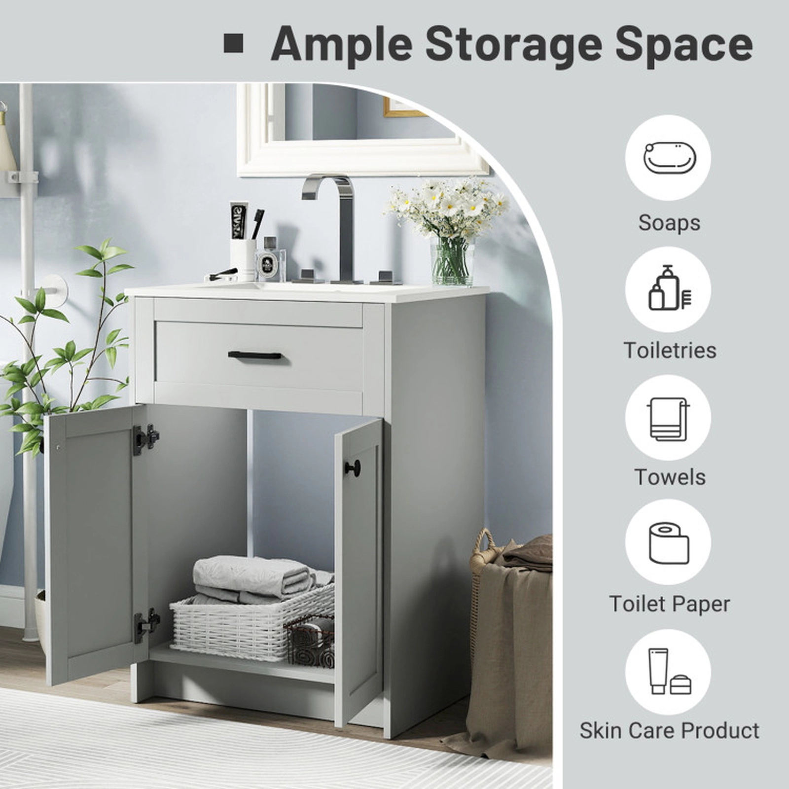 SUGIFT 2-Door Ceramic Basin Anti-Overflow Hole Bathroom Vanity Unit Cabinet 24-in x 18-in x 34-in 250-lb Capacity Gray