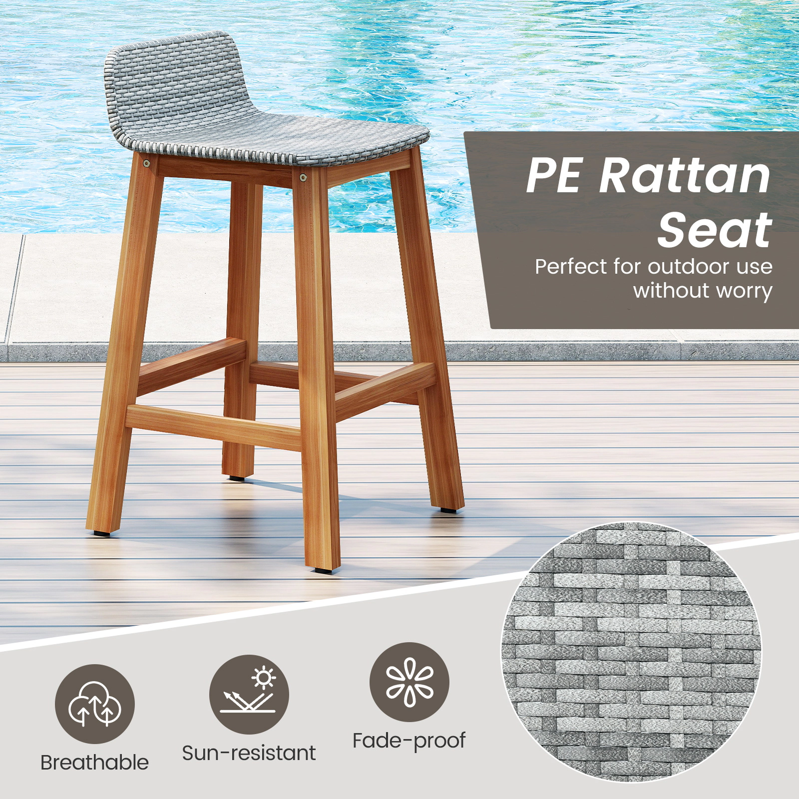 SUGIFT Outdoor Bar Stool Chair Set 400-lb Capacity 26-in Seat Height Natural