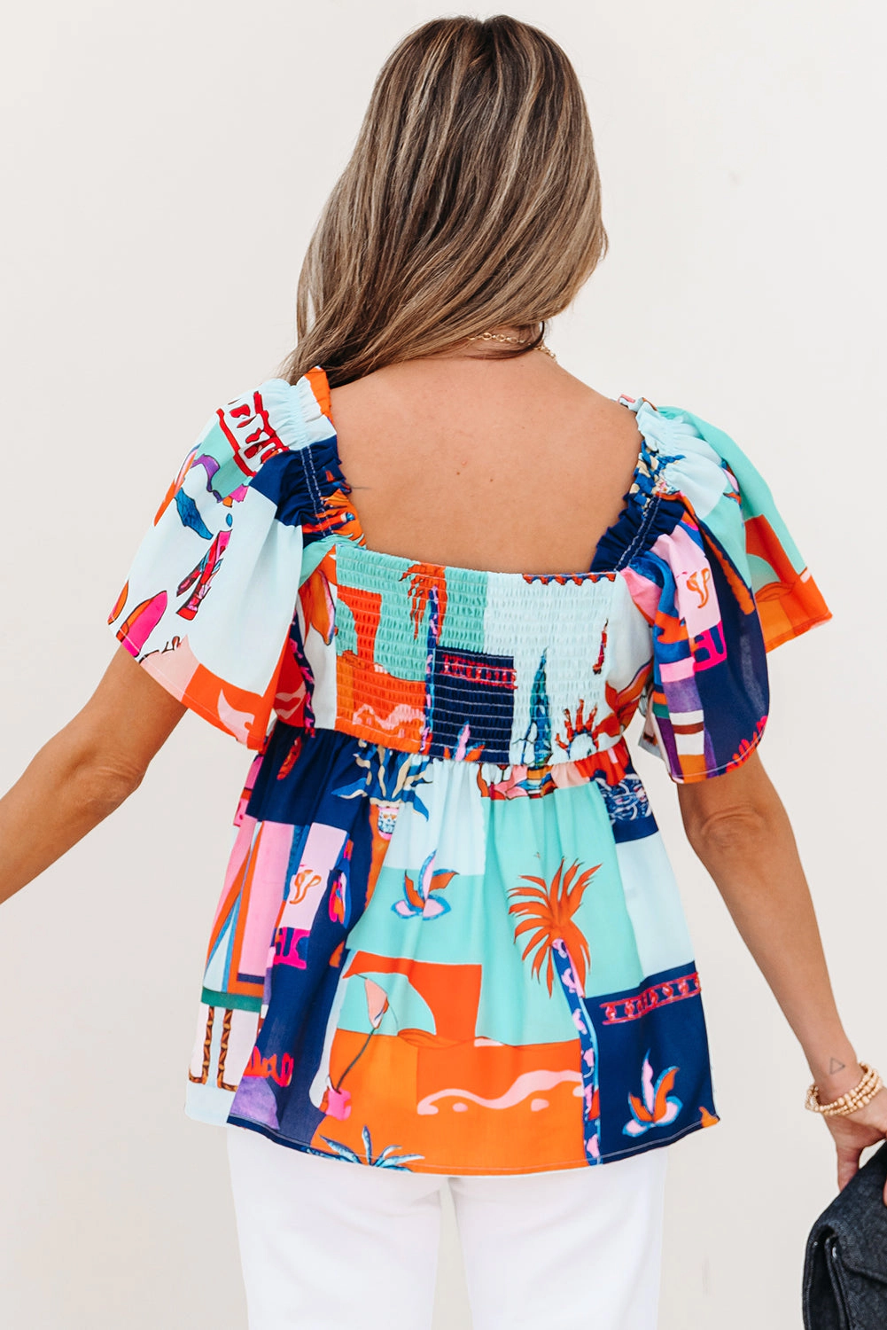 Threaded Pear Women's Payton Tropical Flutter Sleeve Babydoll Blouse