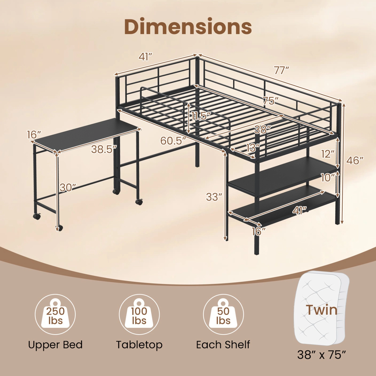 SUGIFT Twin Loft Bed with Rolling Desk and Bookshelf, Black Metal and Wood Frame
