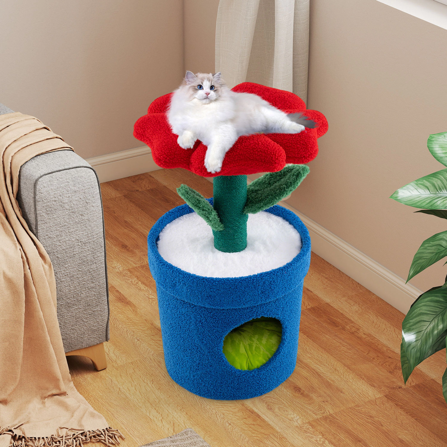 LJG Cute Cat Tree with Flower Padded Perch for Indoor Cats