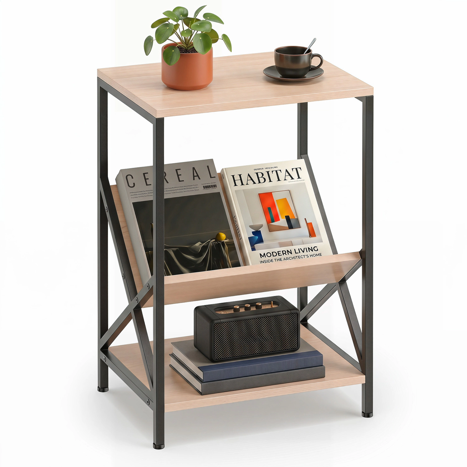 Glintex 3-Tier Rustic Side Table with V-Shaped Magazine Rack and Steel Frame, Natural