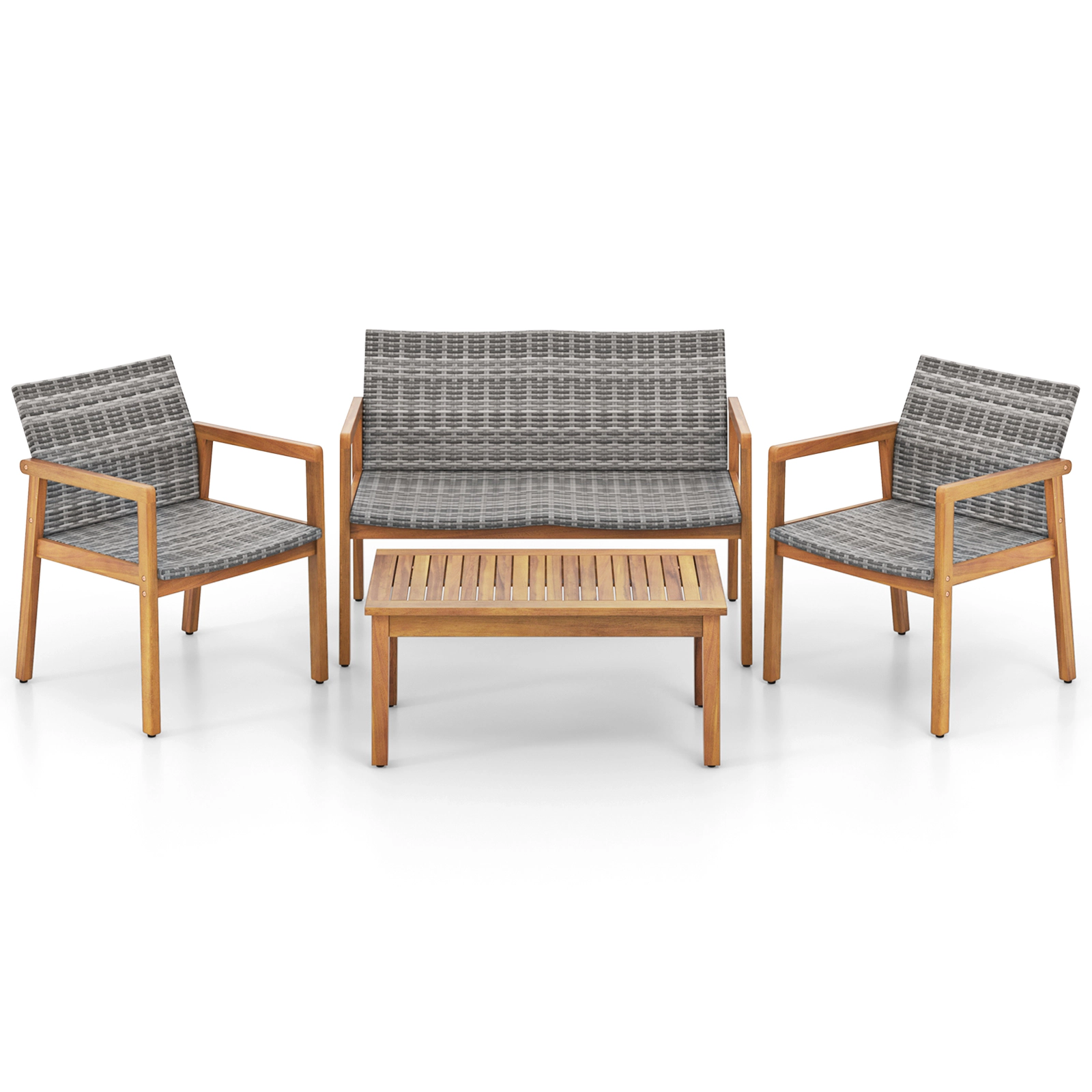 SUGIFT 4-Piece Gray PE Rattan Patio Conversation Set with Loveseat, 2 Armchairs and Acacia Table