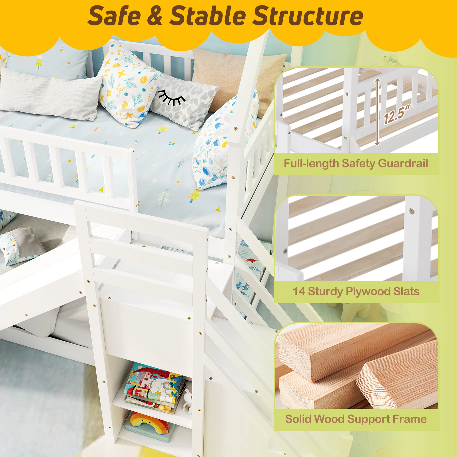 SUGIFT White 63 in Slide Staircase and Storage Shelves Twin Over Twin Kids Bunk Bed