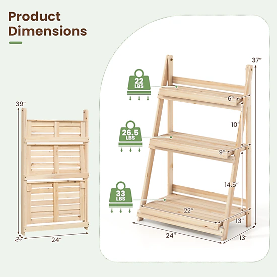 LJG 3-Tier Foldable Plant Stand with Slatted Shelves and Fir Wood Frame