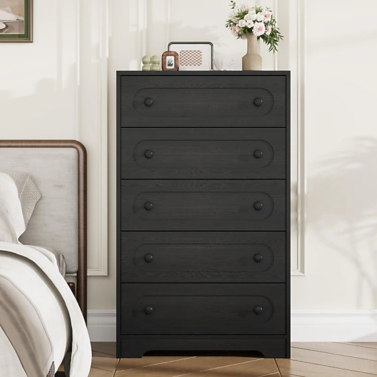 BebreezChic Mid-Century 5-Drawer Dresser, Tall Wide Chest, Deep Drawers, Metal Knobs, Wooden Frame, Black