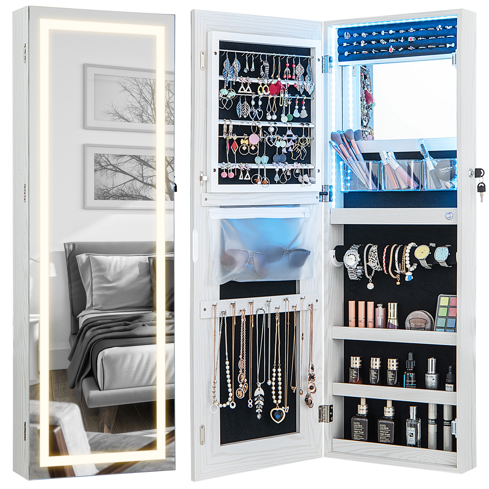 Hivvago Lockable Jewelry Mirror Cabinet with LED Lights