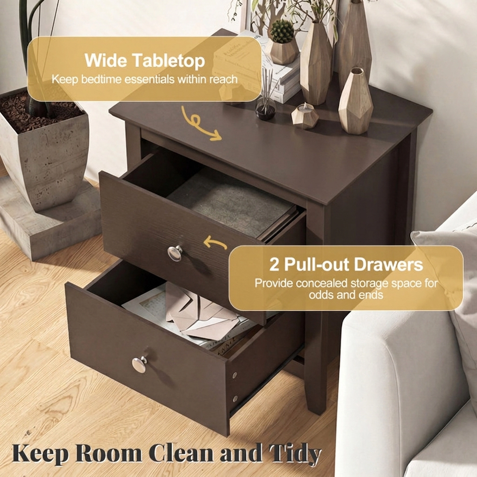 SUGIFT Set of 2 Rustic Brown Modern Nightstands with Drawer