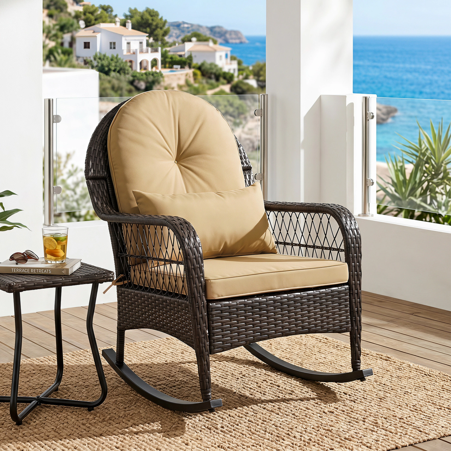 LJG Outdoor Wicker Rocking Chair with Anti-Tip Stoppers 400 LBS for Porch Deck