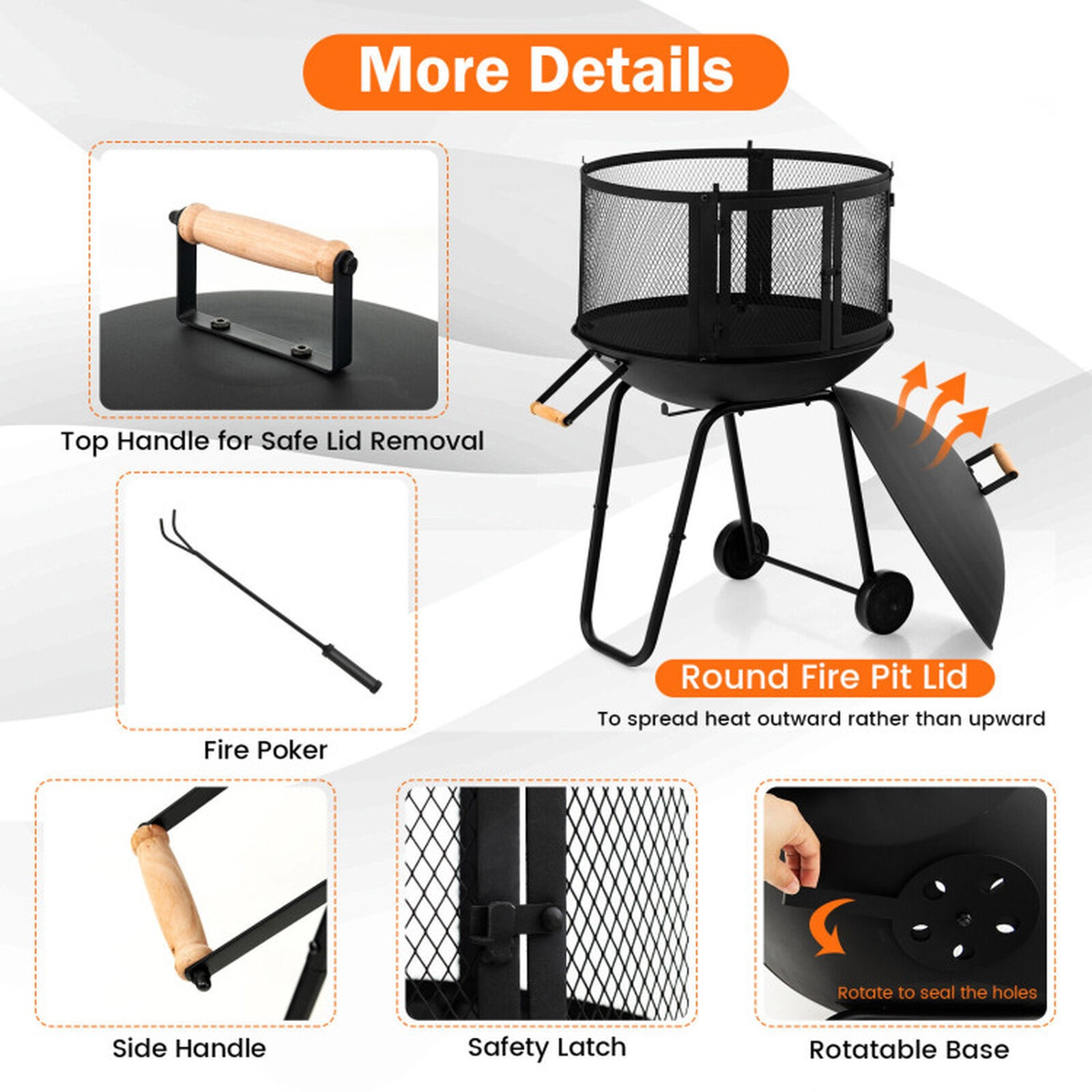 SUGIFT Portable Black Rolling Steel Fire Pit with Log Grate and Mesh Spark Cover 27-in W 20-in D 42.5-in H