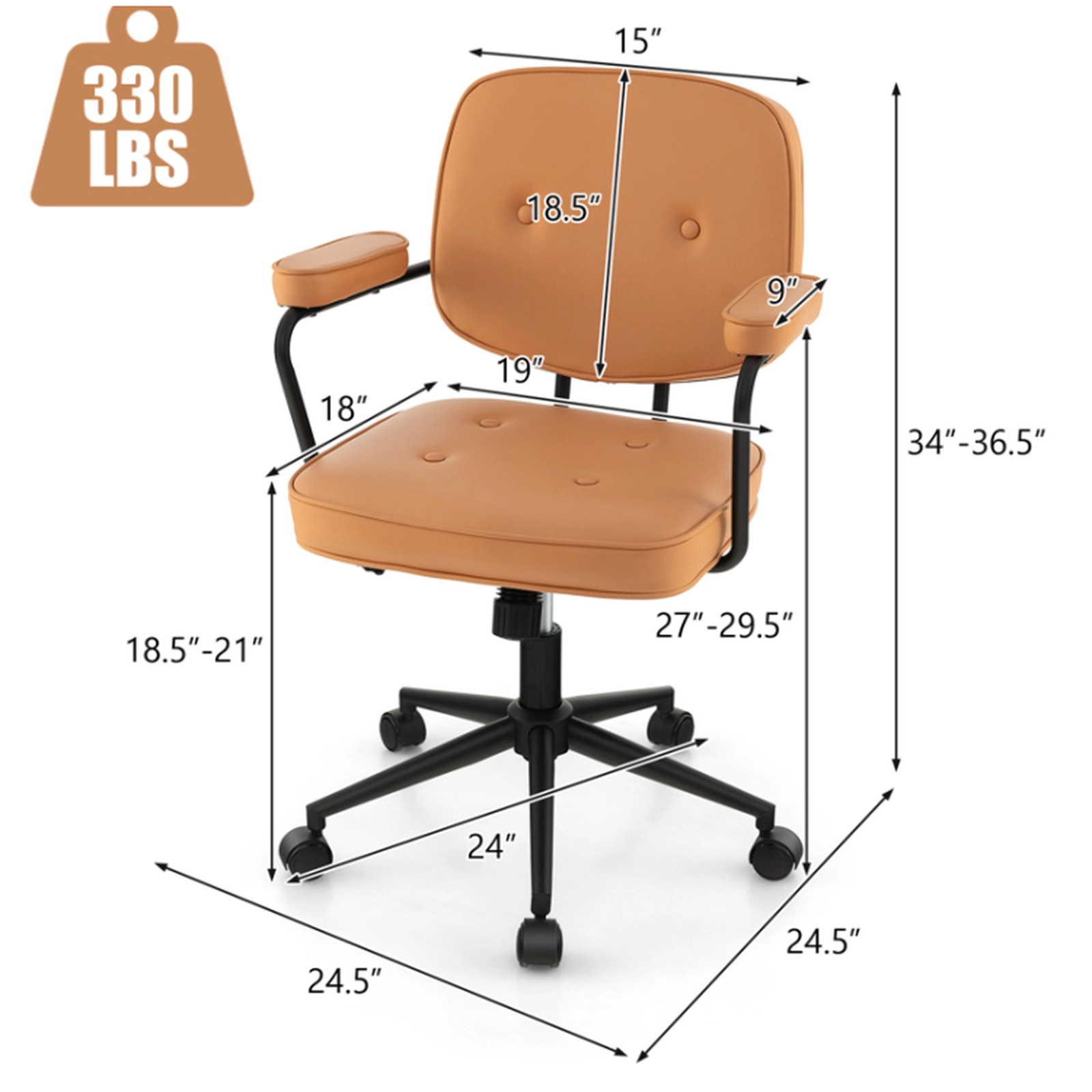 SUGIFT Rocking Backrest PU Leather Home Office Chair with Rubberwood Armrests 330-lb Capacity 23-in Wide Seat Orange