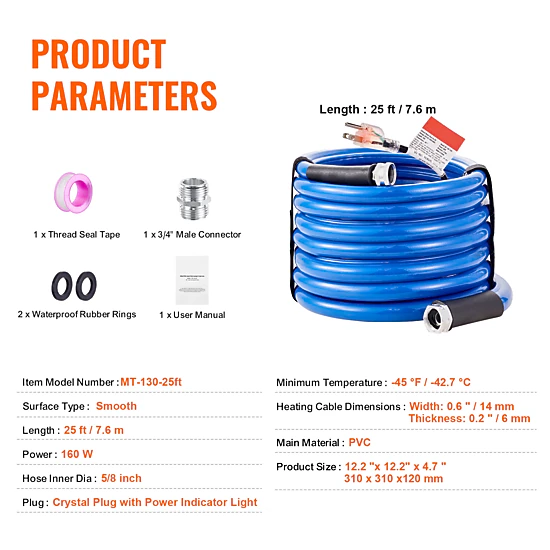 HONGGE Heated Water Hose for RV Heated Drinking Water Hose Antifreeze to -45°F Automatic Self-regulating 5/8" I.D. with