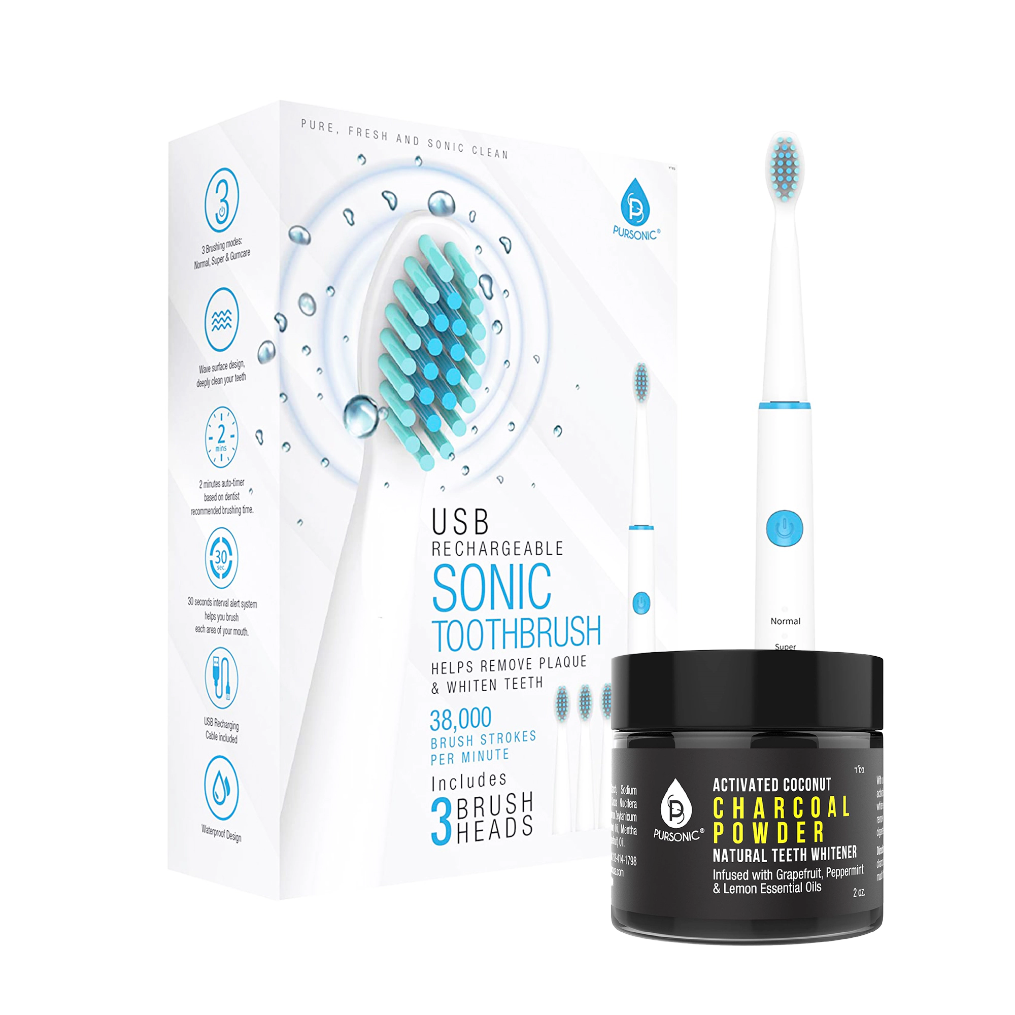 Pursonic Unisex USB Rechargeable Electric Toothbrush + Freebie Activated Coconut Charcoal Powder Natural Teeth Whitener