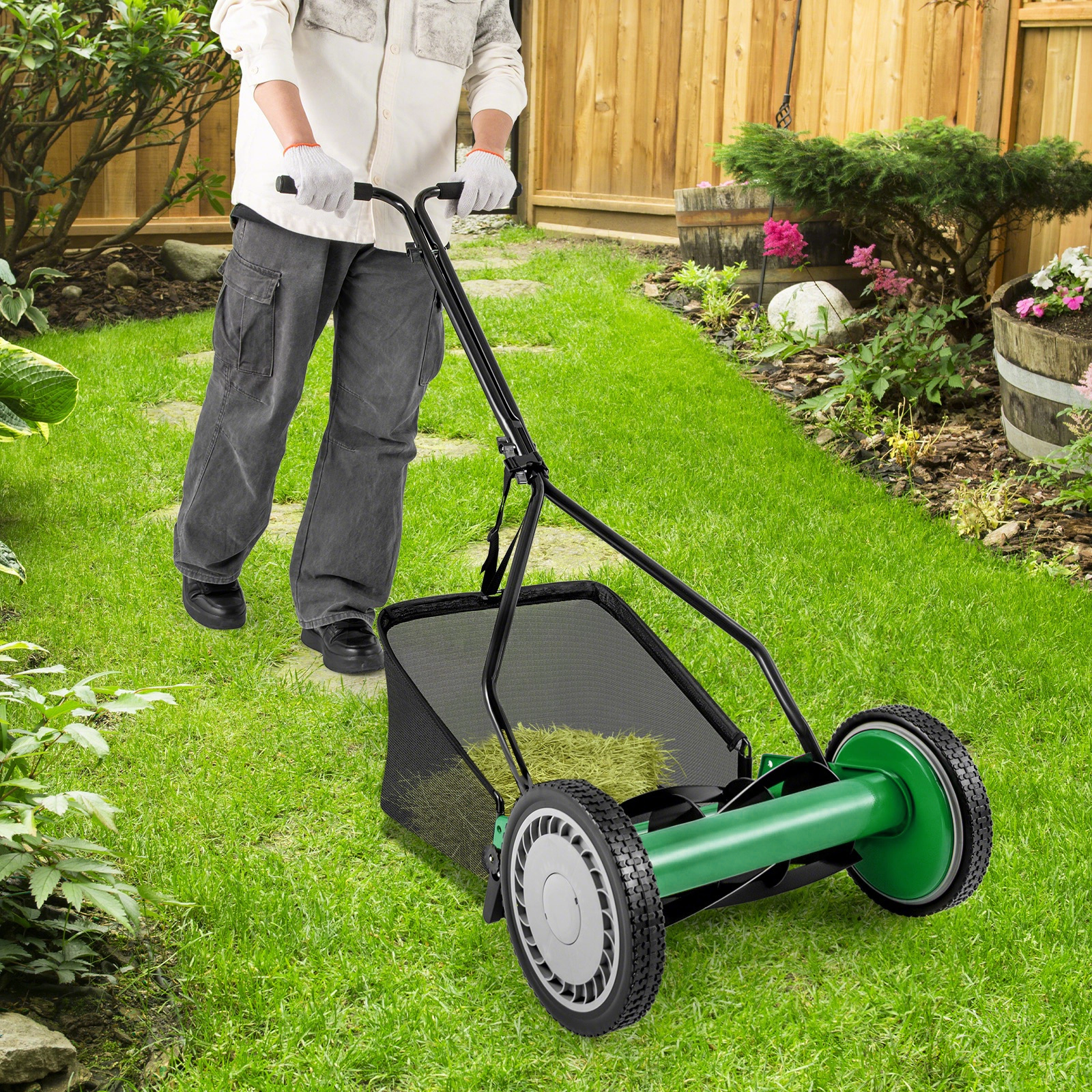 SUGIFT Green 14-in Manual Push Reel Lawn Mower with 5 Steel Blades 4 Cutting Heights and 7-gal Catcher