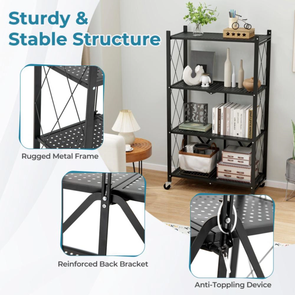 Hivvago 4-Tier Foldable Storage Shelf Collapsible Storage Rack with Lockable Wheels-Black