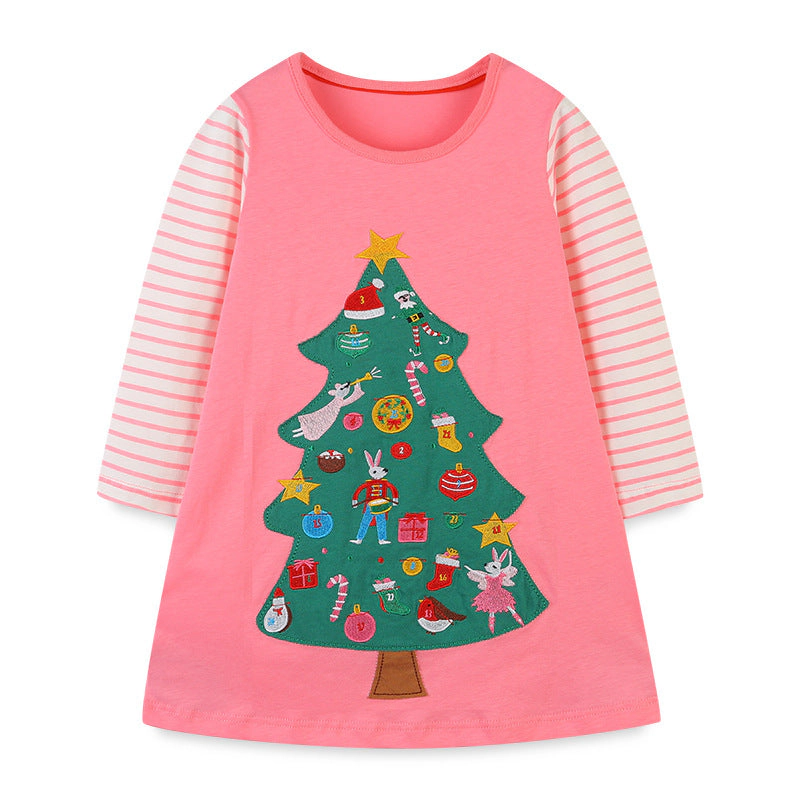 MyKids-USA Baby Girl Cartoon Christmas Tree Pattern Striped Sleeve Design Princess Dress