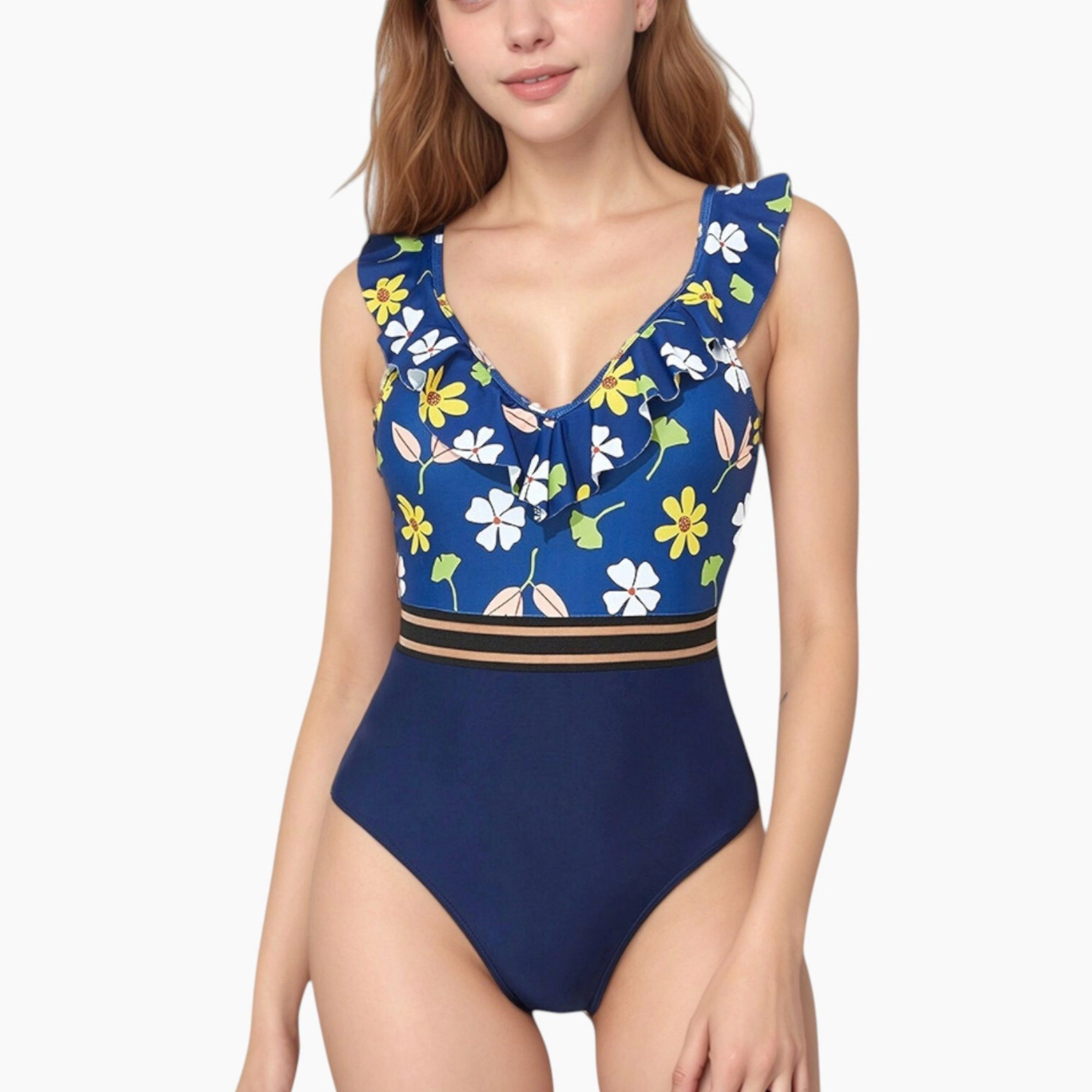 Anna-Kaci Ruffle One-Piece Swimsuit Floral Bodice with Striped Waistband