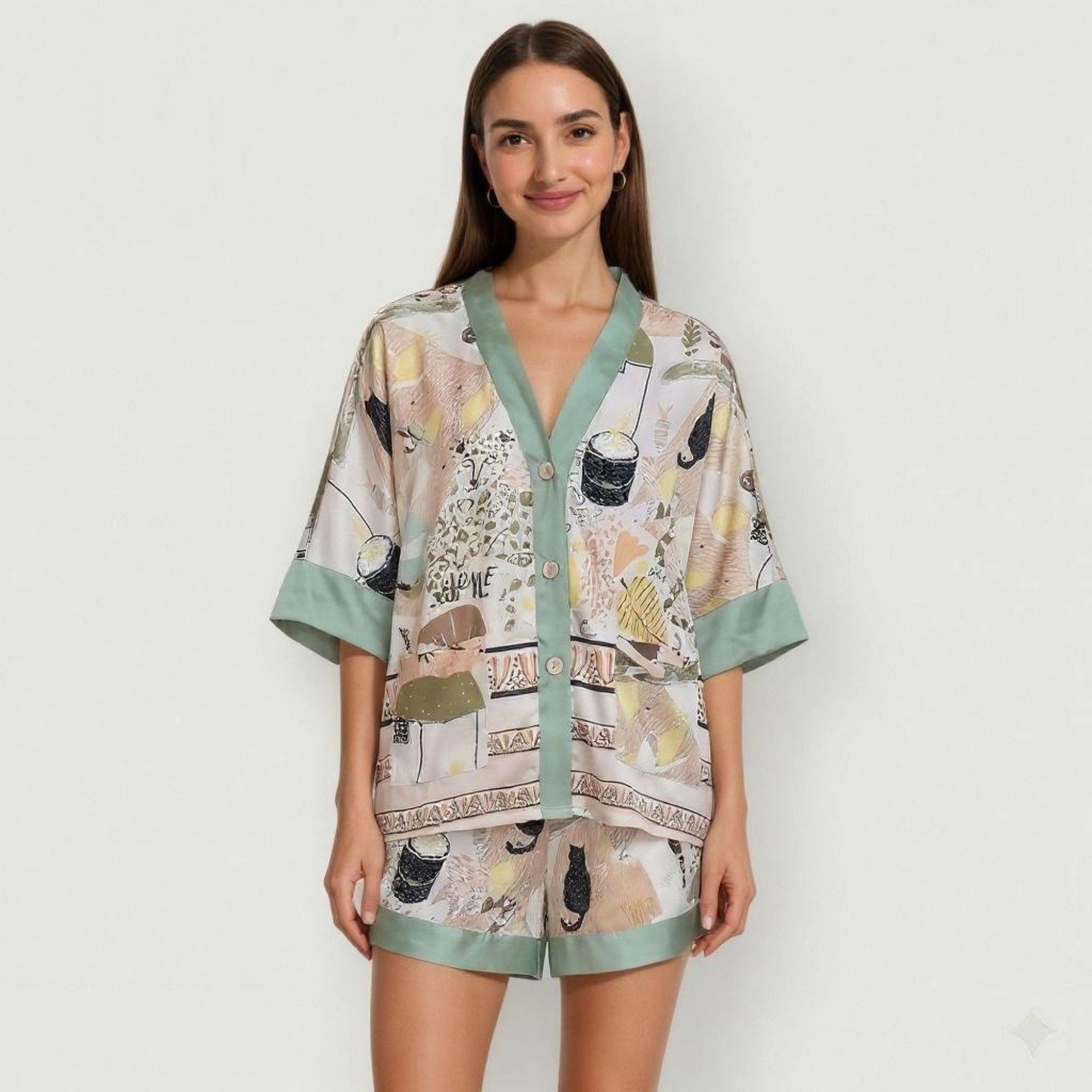 Anna-Kaci Women's Animal Print Pajama Set with Short Sleeves Button Up Top and Contrast Trim Shorts